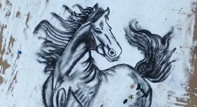 3名教師雪中繪制巨型駿馬圖